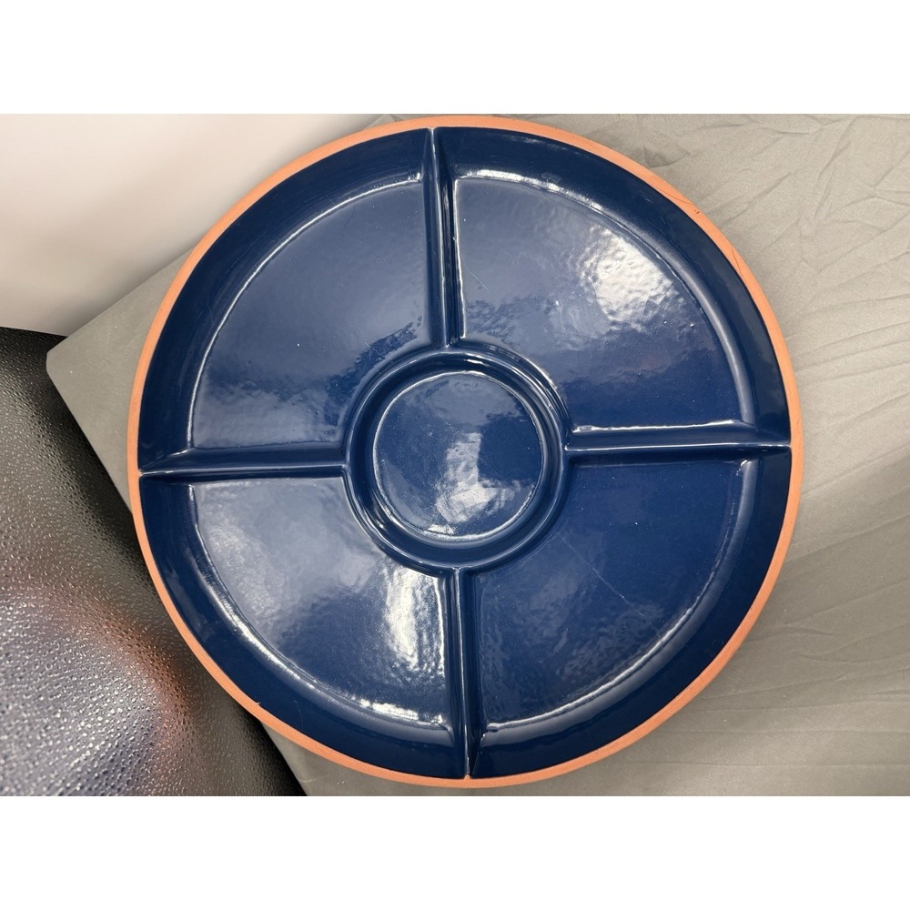 Over and Back Inc. Round Terracotta Vegetable Tray Glazed Cobalt Blue